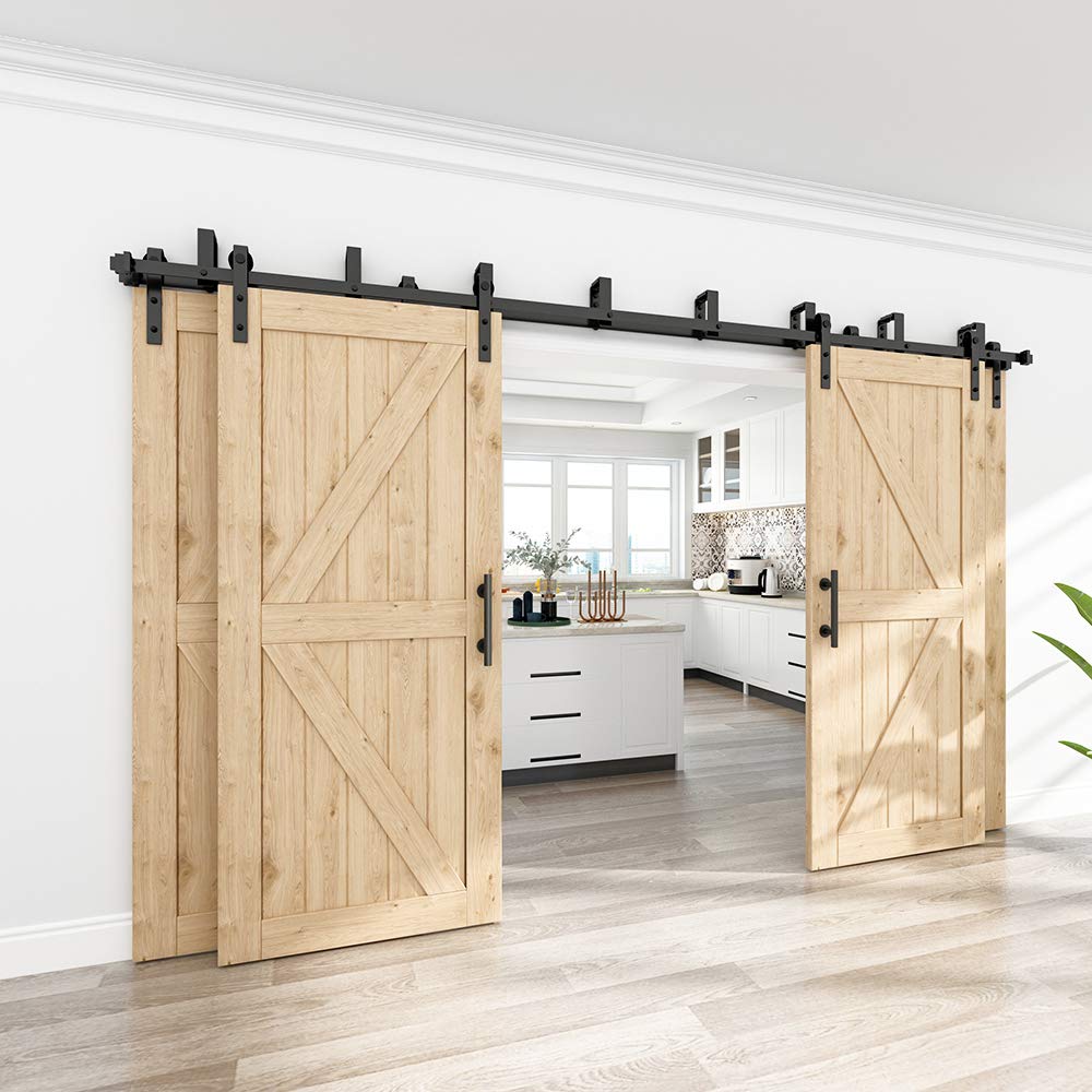 WINSOON 11FT Sliding Bypass Barn Wood Door Hardware 8 Rollers Kit System Bending Design Wall Mount Bracket Fit 4 Wooden Doors (11FT)