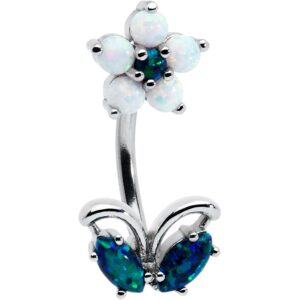 body candy steel clear brilliant blue synthetic opal flourishing flower double mount belly ring