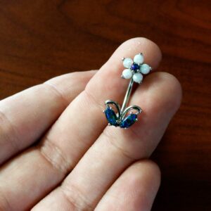 Body Candy Steel Clear Brilliant Blue Synthetic Opal Flourishing Flower Double Mount Belly Ring