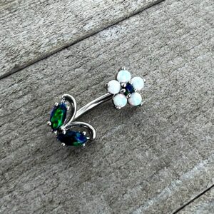 Body Candy Steel Clear Brilliant Blue Synthetic Opal Flourishing Flower Double Mount Belly Ring