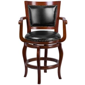 Flash Furniture Vestina 26'' High Cherry Wood Counter Height Stool with Arms, Panel Back and Black LeatherSoft Swivel Seat