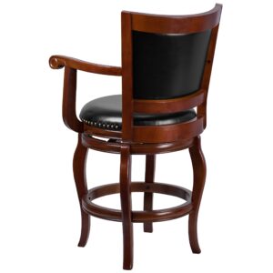 Flash Furniture Vestina 26'' High Cherry Wood Counter Height Stool with Arms, Panel Back and Black LeatherSoft Swivel Seat