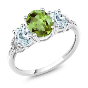 Gem Stone King 10K White Gold Oval Green Peridot Sky Blue Aquamarine & Diamond Accent 3 Stone Engagement Ring | 2.24 Cttw | 3 Stone Wedding Anniversary Promise Ring For Women (Size 7)