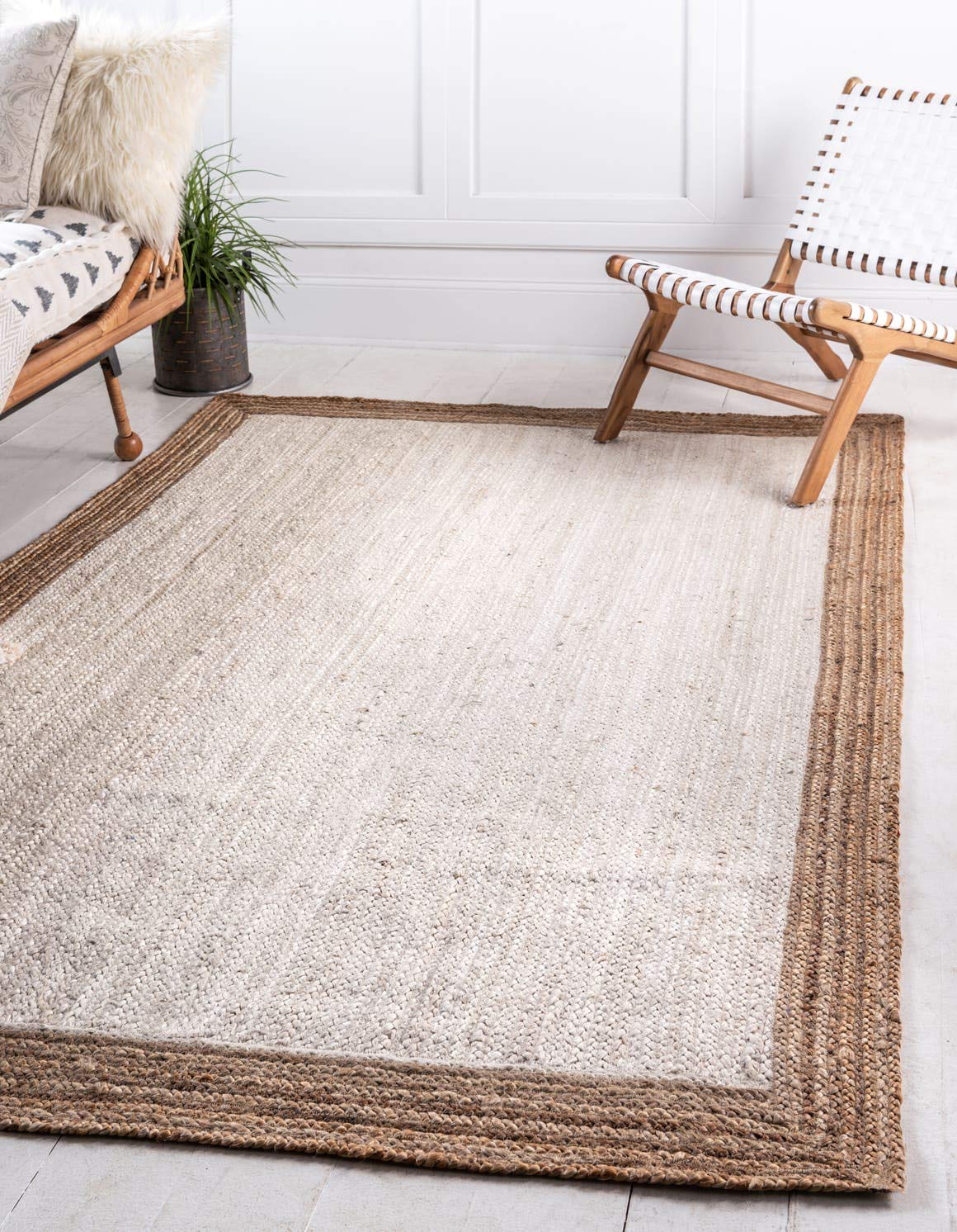 Unique Loom Braided Jute Collection Classic Quality Made Natural Hand Woven with Solid Color Detail, Area Rug, Rectangular 5' 0" x 8' 0", White/Beige