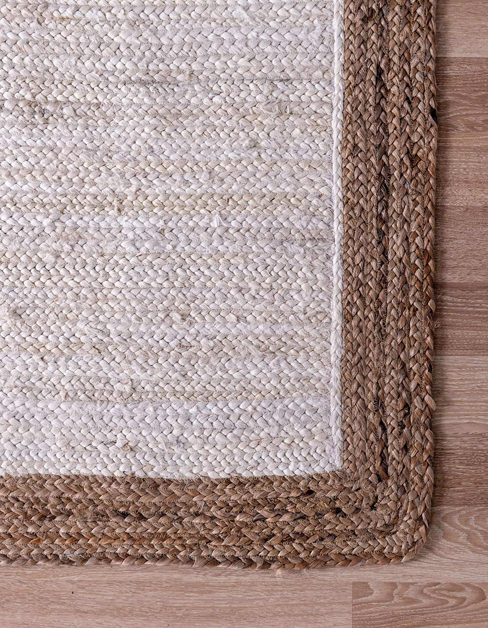 Unique Loom Braided Jute Collection Classic Quality Made Natural Hand Woven with Solid Color Detail, Area Rug, Rectangular 5' 0" x 8' 0", White/Beige