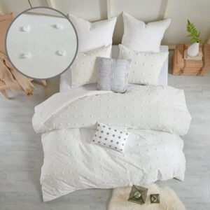 urban habitat cotton comforter set white comforter queen jacquard tufts pom pom winter all season shabby chic bedding, matching shams, decorative pillows, full queen size 88 in x 92 in, ivory 7 piece