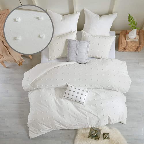 Urban Habitat Cotton Comforter Set White Comforter Queen Jacquard Tufts Pom Pom Winter All Season Shabby Chic Bedding, Matching Shams, Decorative Pillows, Full Queen Size 88 in x 92 in, Ivory 7 Piece