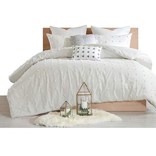 Urban Habitat Cotton Comforter Set White Comforter Queen Jacquard Tufts Pom Pom Winter All Season Shabby Chic Bedding, Matching Shams, Decorative Pillows, Full Queen Size 88 in x 92 in, Ivory 7 Piece