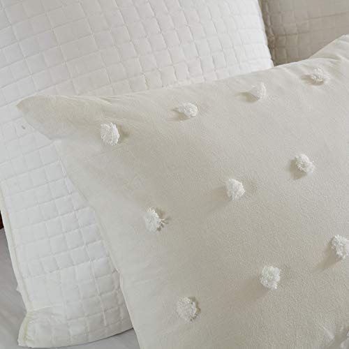 Urban Habitat Cotton Comforter Set White Comforter Queen Jacquard Tufts Pom Pom Winter All Season Shabby Chic Bedding, Matching Shams, Decorative Pillows, Full Queen Size 88 in x 92 in, Ivory 7 Piece