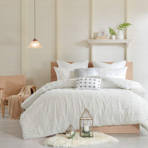 Urban Habitat Cotton Comforter Set White Comforter Queen Jacquard Tufts Pom Pom Winter All Season Shabby Chic Bedding, Matching Shams, Decorative Pillows, Full Queen Size 88 in x 92 in, Ivory 7 Piece