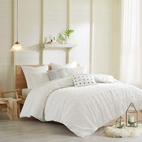 Urban Habitat Cotton Comforter Set White Comforter Queen Jacquard Tufts Pom Pom Winter All Season Shabby Chic Bedding, Matching Shams, Decorative Pillows, Full Queen Size 88 in x 92 in, Ivory 7 Piece