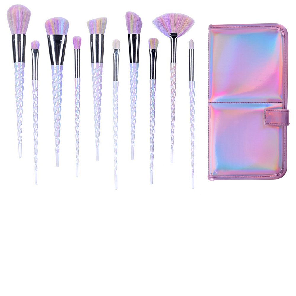 Ammiy Unicorn Makeup Brushes With Colorful Bristles Unicorn Horn Shaped Handles Fantasy Makeup Tools Foundation Eyeshadow Unicorn Brush Kit With a Cute Iridescent Carrying Case(10 Pieces)