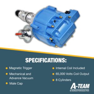 A-Team Performance - HEI Complete Distributor 65,000 Volts Coil - Compatible With Big Block Ford FE V8 352 360 390 406 410 427 428 One-Wire Installation Blue Cap