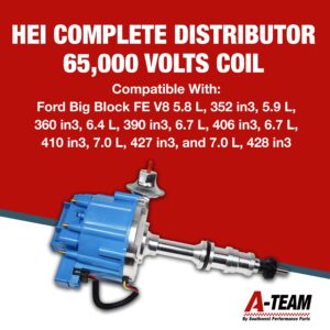 A-Team Performance - HEI Complete Distributor 65,000 Volts Coil - Compatible With Big Block Ford FE V8 352 360 390 406 410 427 428 One-Wire Installation Blue Cap