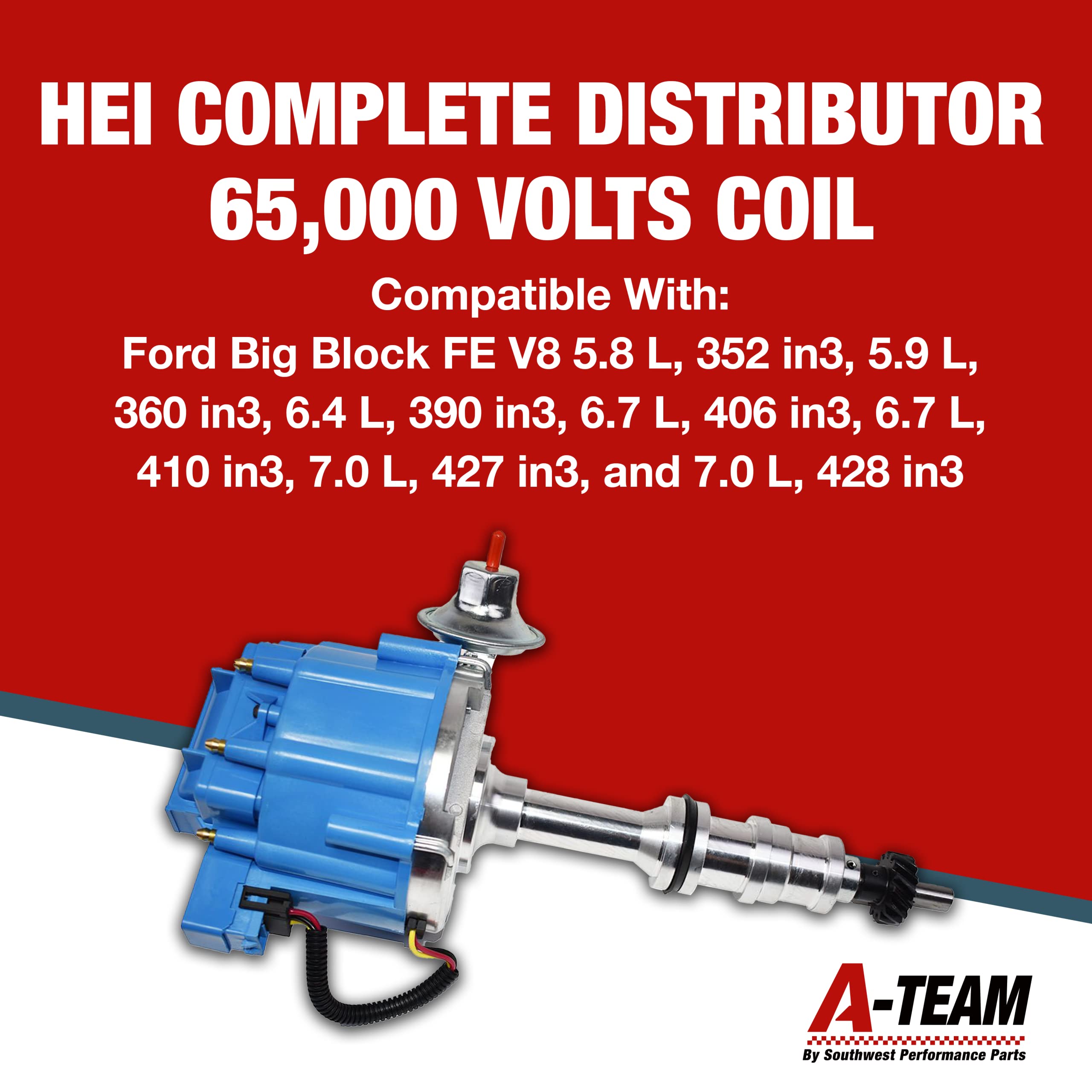 A-Team Performance - HEI Complete Distributor 65,000 Volts Coil - Compatible With Big Block Ford FE V8 352 360 390 406 410 427 428 One-Wire Installation Blue Cap