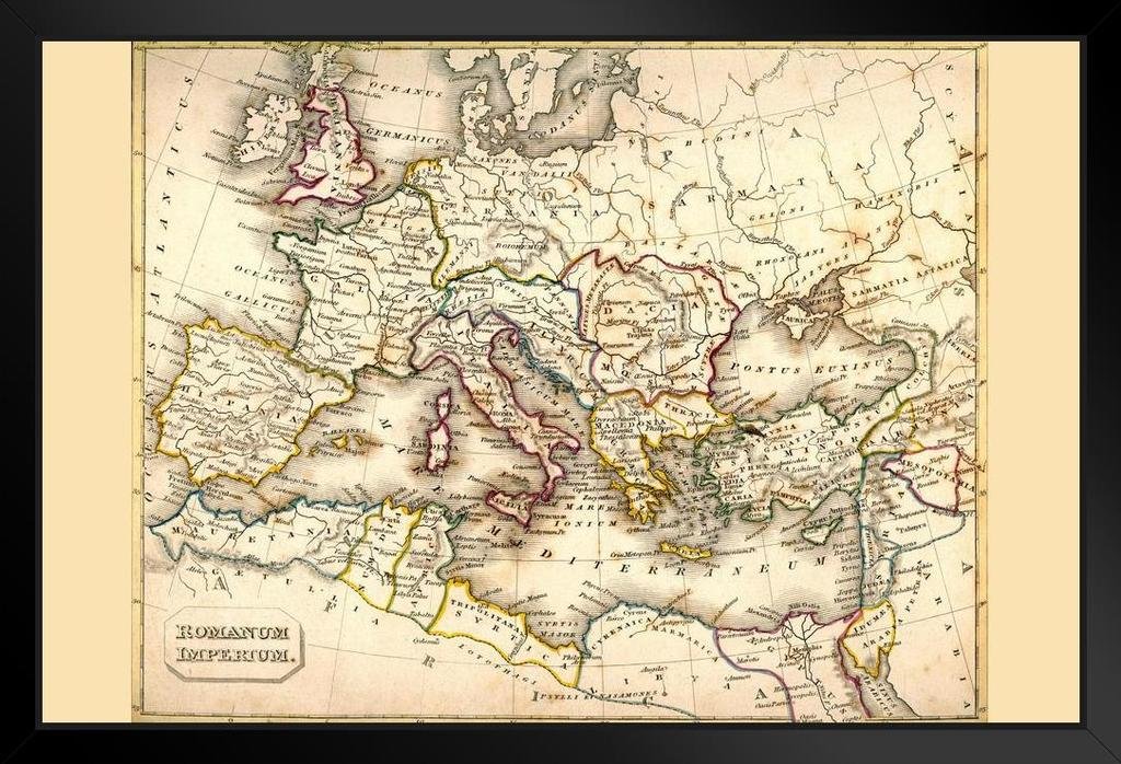 Roman Empire Antique Style Map Wall Art Black Wood Framed Art Poster 14x20