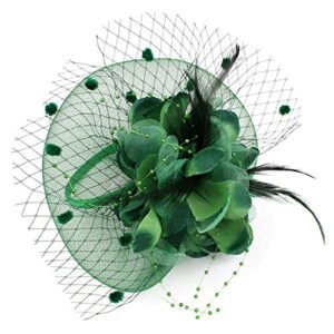 actlati fascinators hat for women tea party headband wedding cocktail flower mesh feathers hair clip 20s flapper headpiece,dark green