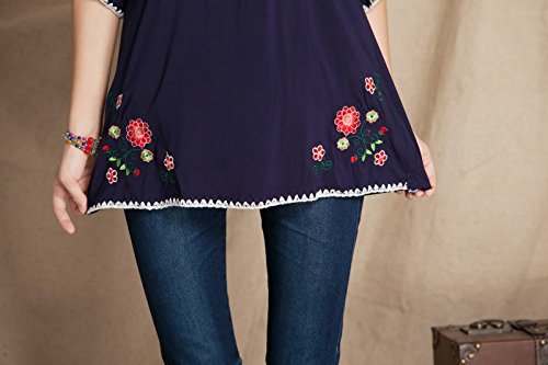 Ashir Aley Bell Sleeve Womens Girls Embroidered Cotton Peasant Tops Mexican Bohemian Shirts Blouses (L,Navy Blue)