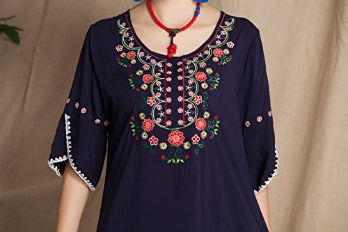 Ashir Aley Bell Sleeve Womens Girls Embroidered Cotton Peasant Tops Mexican Bohemian Shirts Blouses (L,Navy Blue)