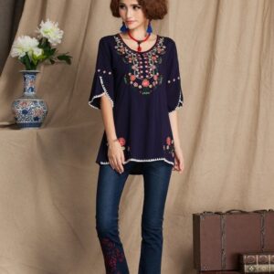 Ashir Aley Bell Sleeve Womens Girls Embroidered Cotton Peasant Tops Mexican Bohemian Shirts Blouses (L,Navy Blue)