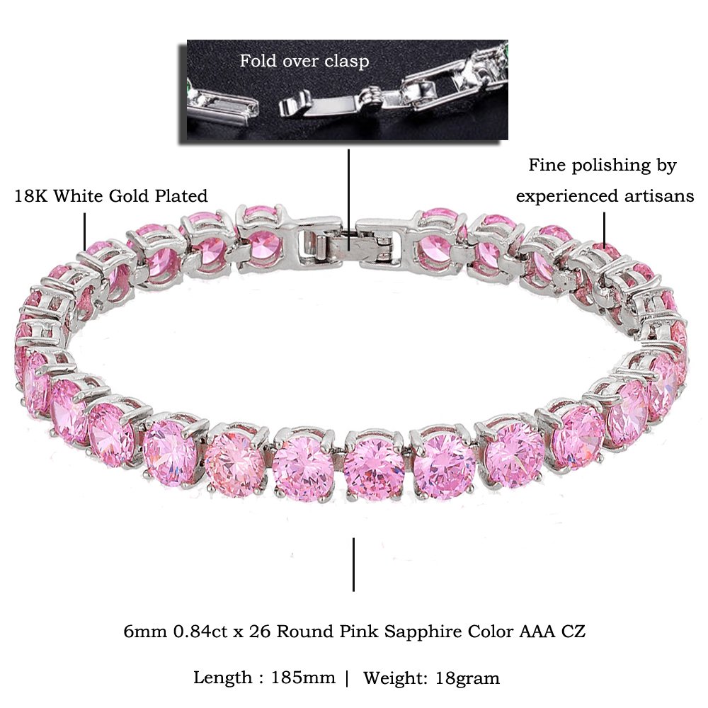 RIZILIA Round Cut Simulated Pink Sapphire CZ 18K Gold Plated Tennis Bracelet, 7"