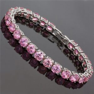 RIZILIA Round Cut Simulated Pink Sapphire CZ 18K Gold Plated Tennis Bracelet, 7"