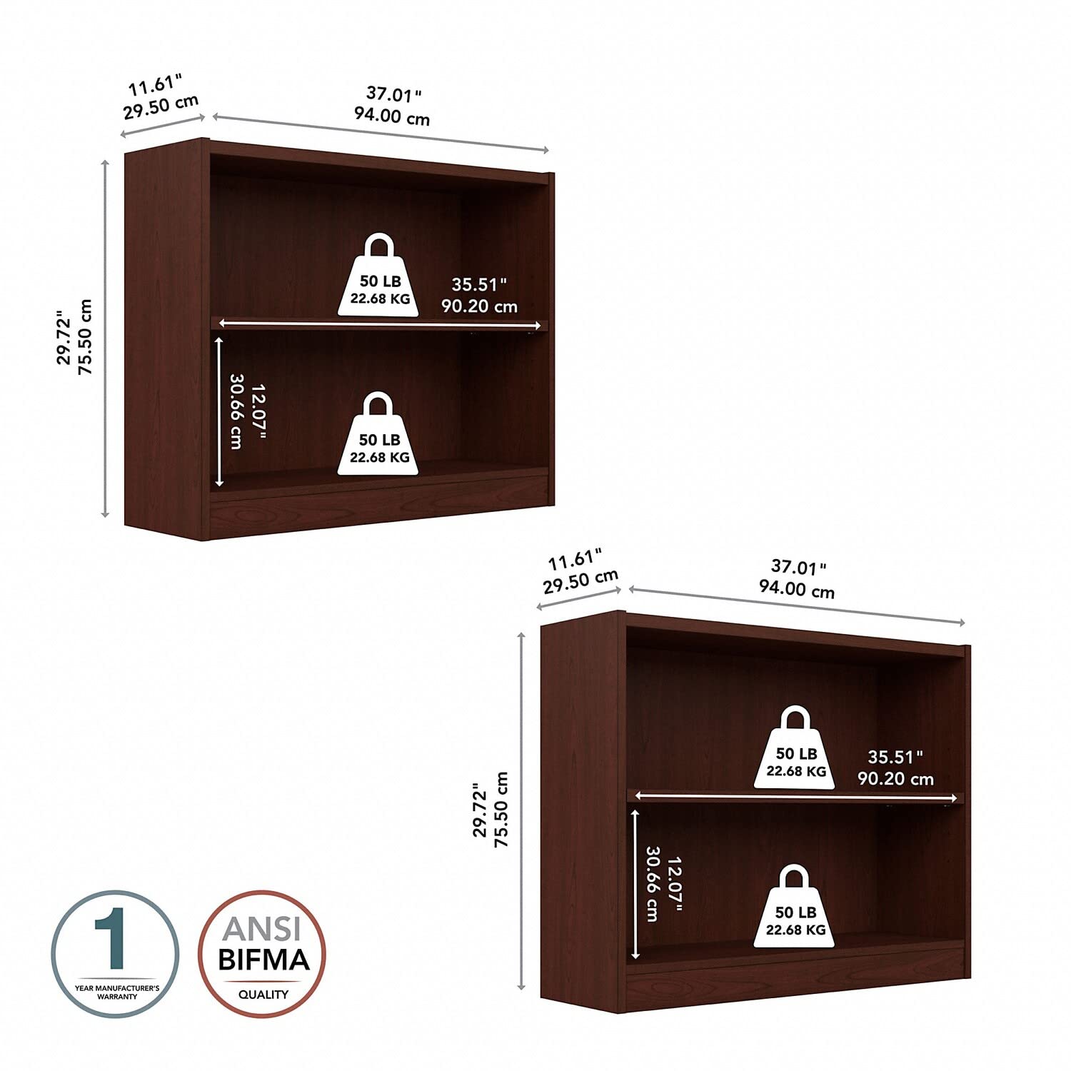 Bush Furniture Universal Small 2 Shelf Bookcase in Vogue Cherry - Set of 2, Matching Storage and Display Bookshelves for Home Office or Living Room Organization