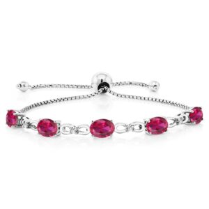 Gem Stone King 925 Sterling Silver Red Created Ruby and White Lab Grown Diamond Tennis Bracelet For Women (4.27 Cttw, Gemstone July Birthstone, Oval 7x5MM, Fully Adjustable Up to 9 Inch)