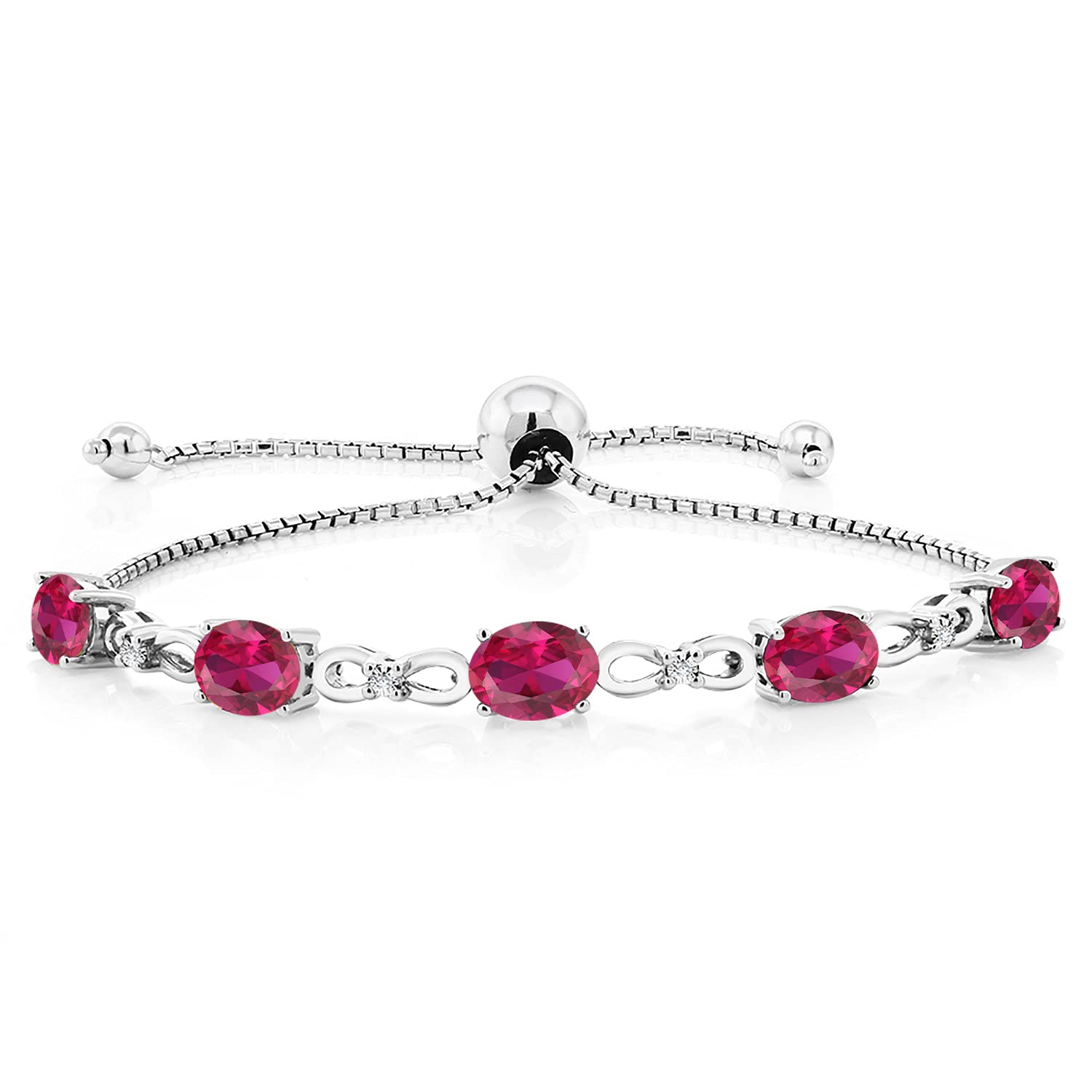 Gem Stone King 925 Sterling Silver Red Created Ruby and White Lab Grown Diamond Tennis Bracelet For Women (4.27 Cttw, Gemstone July Birthstone, Oval 7x5MM, Fully Adjustable Up to 9 Inch)