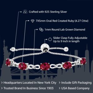 Gem Stone King 925 Sterling Silver Red Created Ruby and White Lab Grown Diamond Tennis Bracelet For Women (4.27 Cttw, Gemstone July Birthstone, Oval 7x5MM, Fully Adjustable Up to 9 Inch)