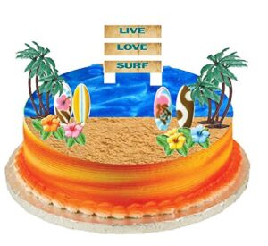 surf cake topper with sugar surfboards, sugar hibiscus flowers, palm trees and surf sign