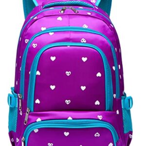 BLUEFAIRY Kids Backpack for Girls Primary Elementary School Bag Bookbag for Childs Book Bag Mochilas Escolares para Niñas de 4-6 Back to School Cute Gifts 17" Heart Print/Purple