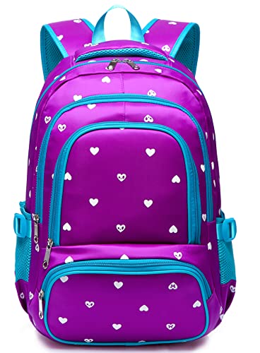 BLUEFAIRY Kids Backpack for Girls Primary Elementary School Bag Bookbag for Childs Book Bag Mochilas Escolares para Niñas de 4-6 Back to School Cute Gifts 17" Heart Print/Purple