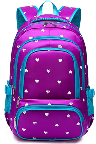 BLUEFAIRY Kids Backpack for Girls Primary Elementary School Bag Bookbag for Childs Book Bag Mochilas Escolares para Niñas de 4-6 Back to School Cute Gifts 17" Heart Print/Purple