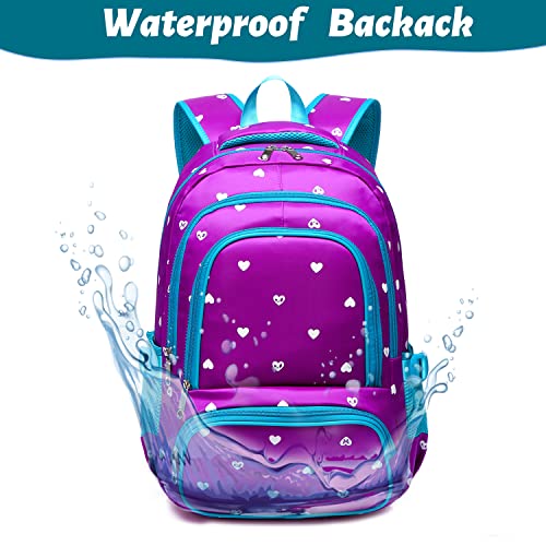 BLUEFAIRY Kids Backpack for Girls Primary Elementary School Bag Bookbag for Childs Book Bag Mochilas Escolares para Niñas de 4-6 Back to School Cute Gifts 17" Heart Print/Purple