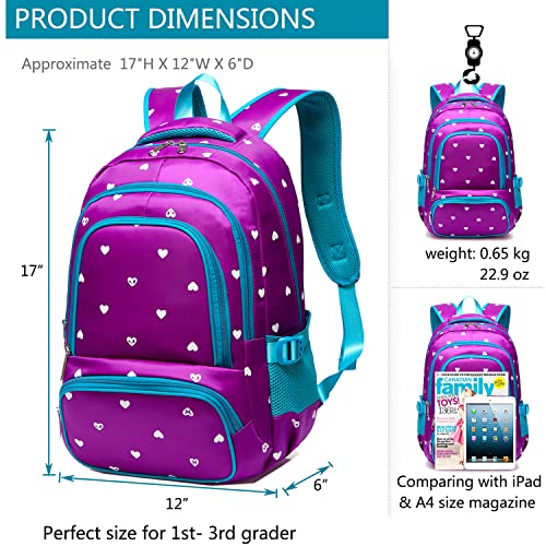 BLUEFAIRY Kids Backpack for Girls Primary Elementary School Bag Bookbag for Childs Book Bag Mochilas Escolares para Niñas de 4-6 Back to School Cute Gifts 17" Heart Print/Purple