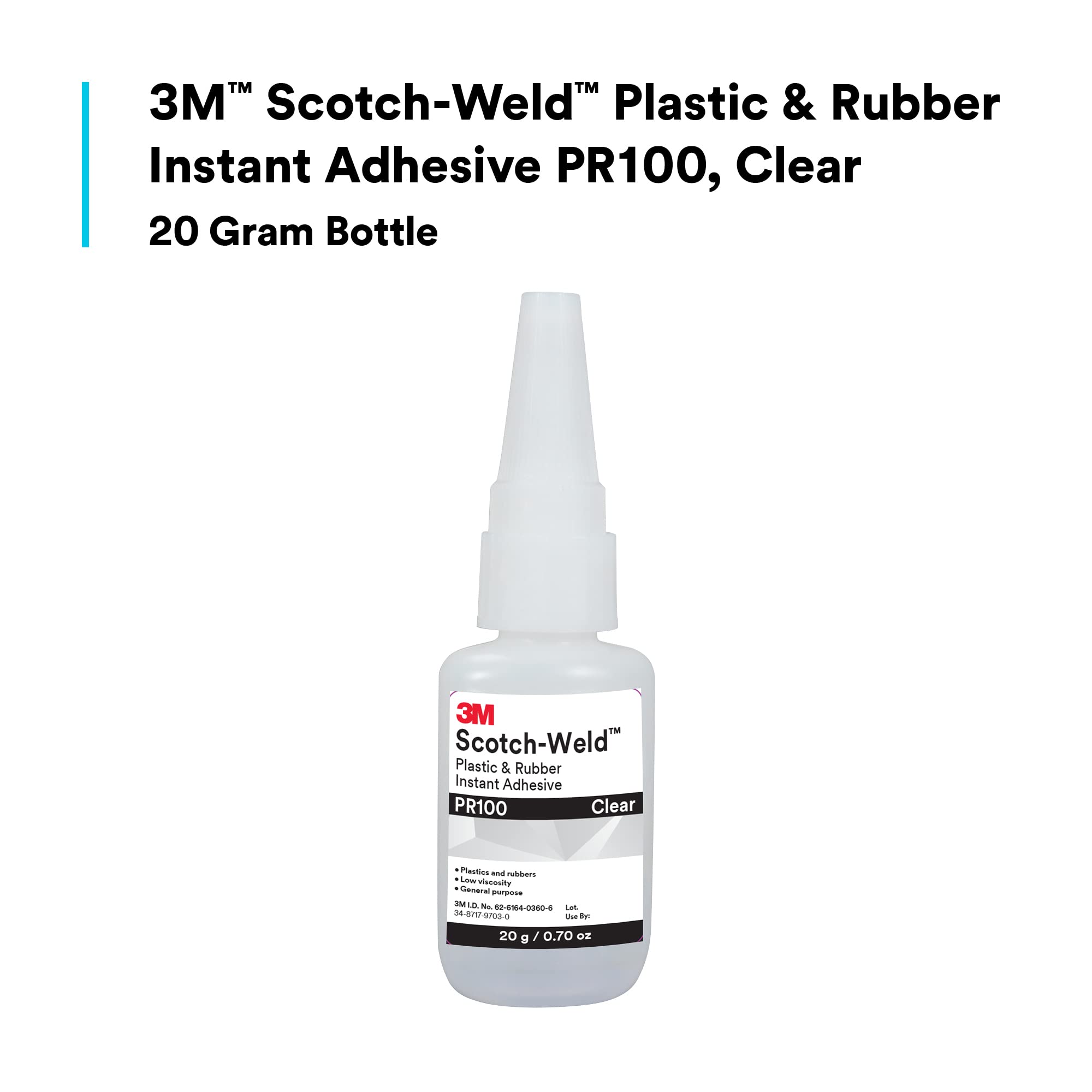 3M Scotch-Weld Plastic & Rubber Instant Adhesive PR100, Clear, Low Viscosity, Fast Handling Time and Cure, 20 g (0.07 fl oz) Bottle