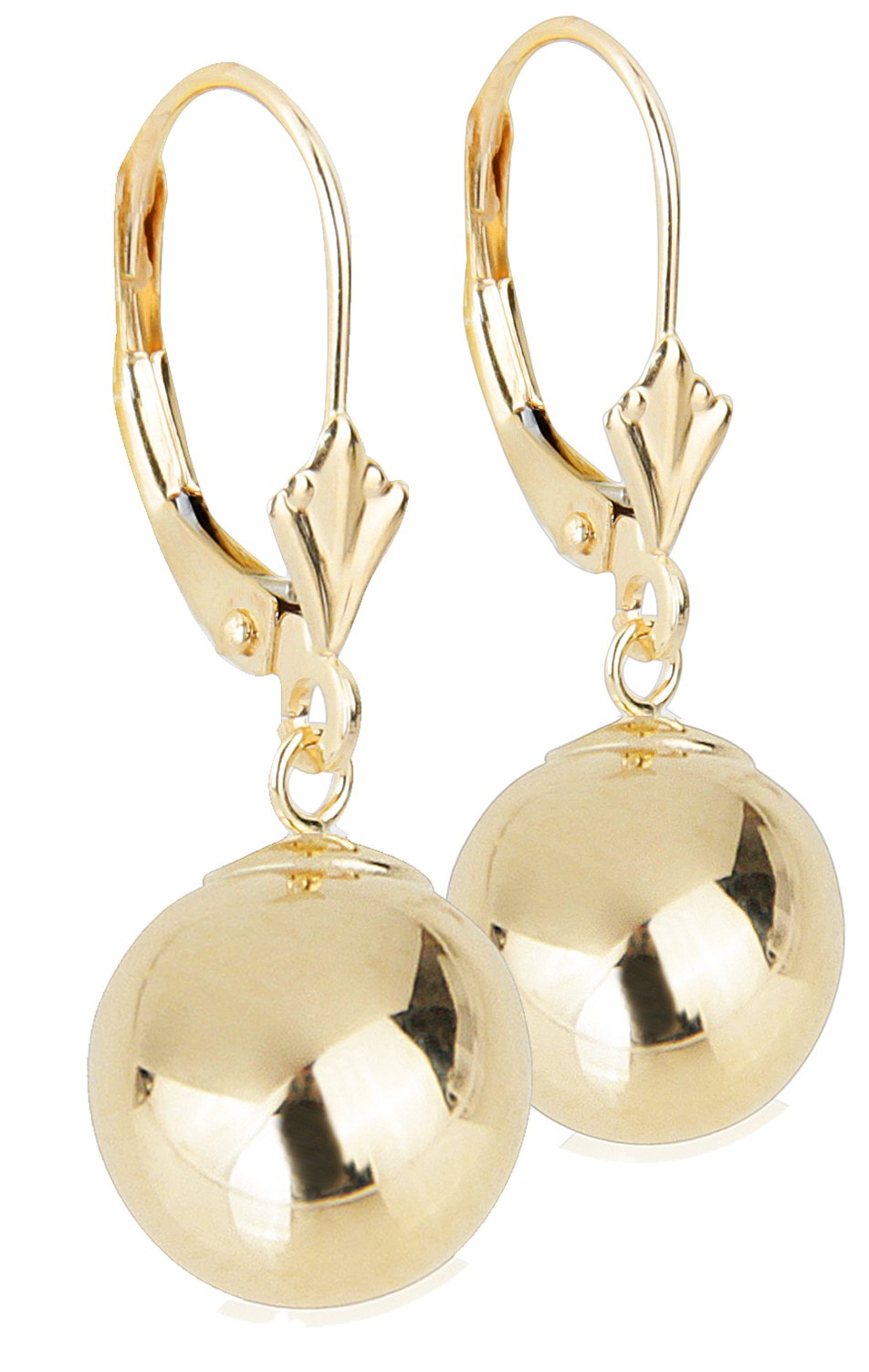 14k Yellow Gold Drop Earrings with Round Gold Ball (Lever back Ball Earrings, Balls Available in 5-8 mm) (5 mm)