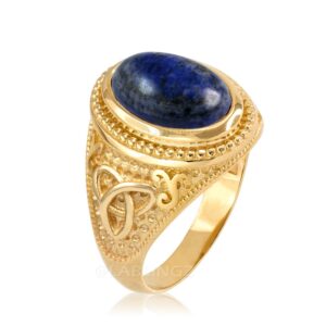 14K Yellow Gold Celtic Trinity Lapis Lazuli Gemstone Statement Ring (6)