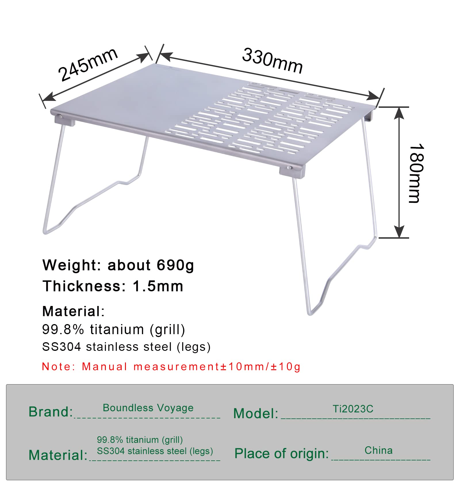 Boundless Voyage Titanium Folding Campfire Grill Portable Outdoor Camping Barbecue Grill Grate with Legs