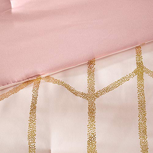 Intelligent Design Raina Comforter Microfiber Metallic Print Geometric Design Embroidered Toss Pillow Modern Trendy Casual All Season Bedding Set Matching Sham, Full/Queen, Blush/Gold 5 Piece