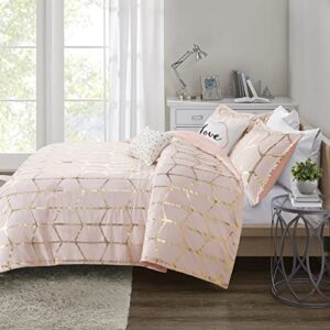 Intelligent Design Raina Comforter Microfiber Metallic Print Geometric Design Embroidered Toss Pillow Modern Trendy Casual All Season Bedding Set Matching Sham, Full/Queen, Blush/Gold 5 Piece