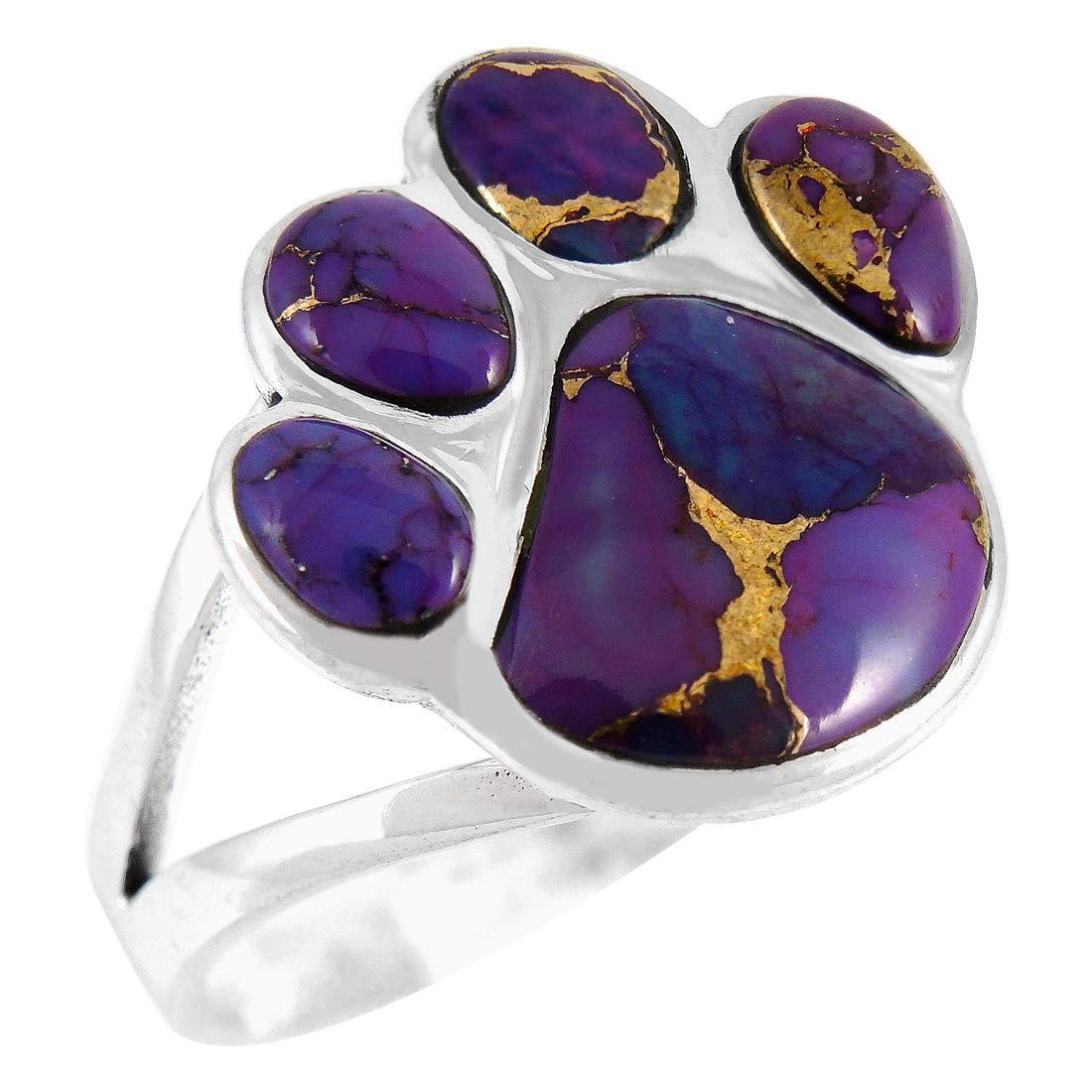 Dog Paw Sterling Silver 925 Genuine Spiny Turquoise Ring (Purple Turquoise, 10)