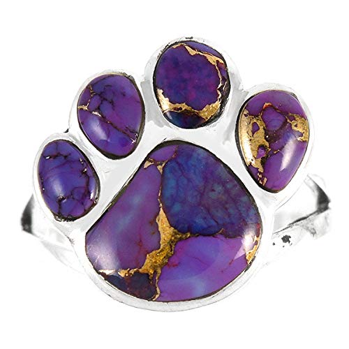 Dog Paw Sterling Silver 925 Genuine Spiny Turquoise Ring (Purple Turquoise, 10)