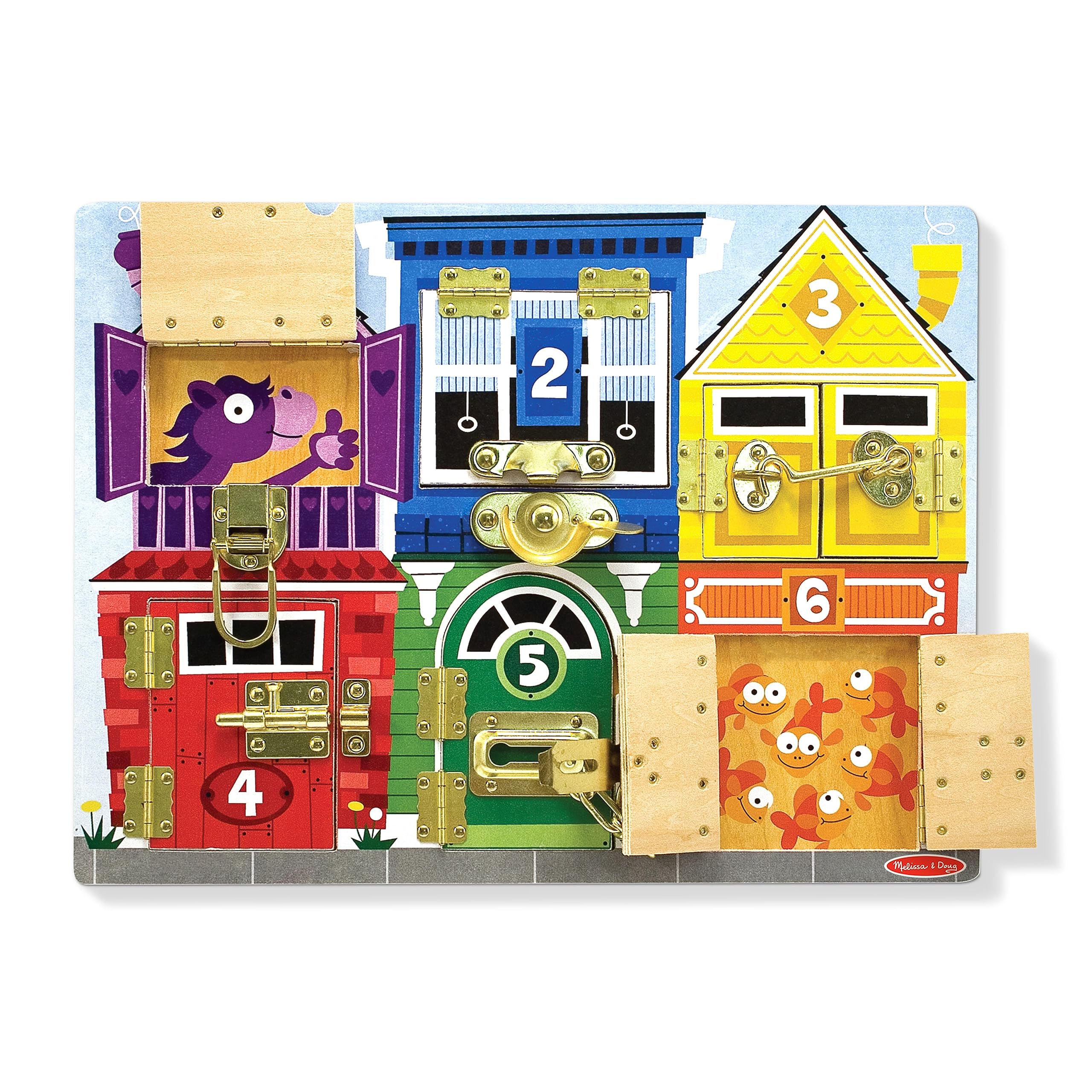 Melissa & Doug Wooden Latches Board Sensory Activity Toy For Kids, Doors And Locks Toy, Wooden Busy Board, Toddler Toys For Ages 3+