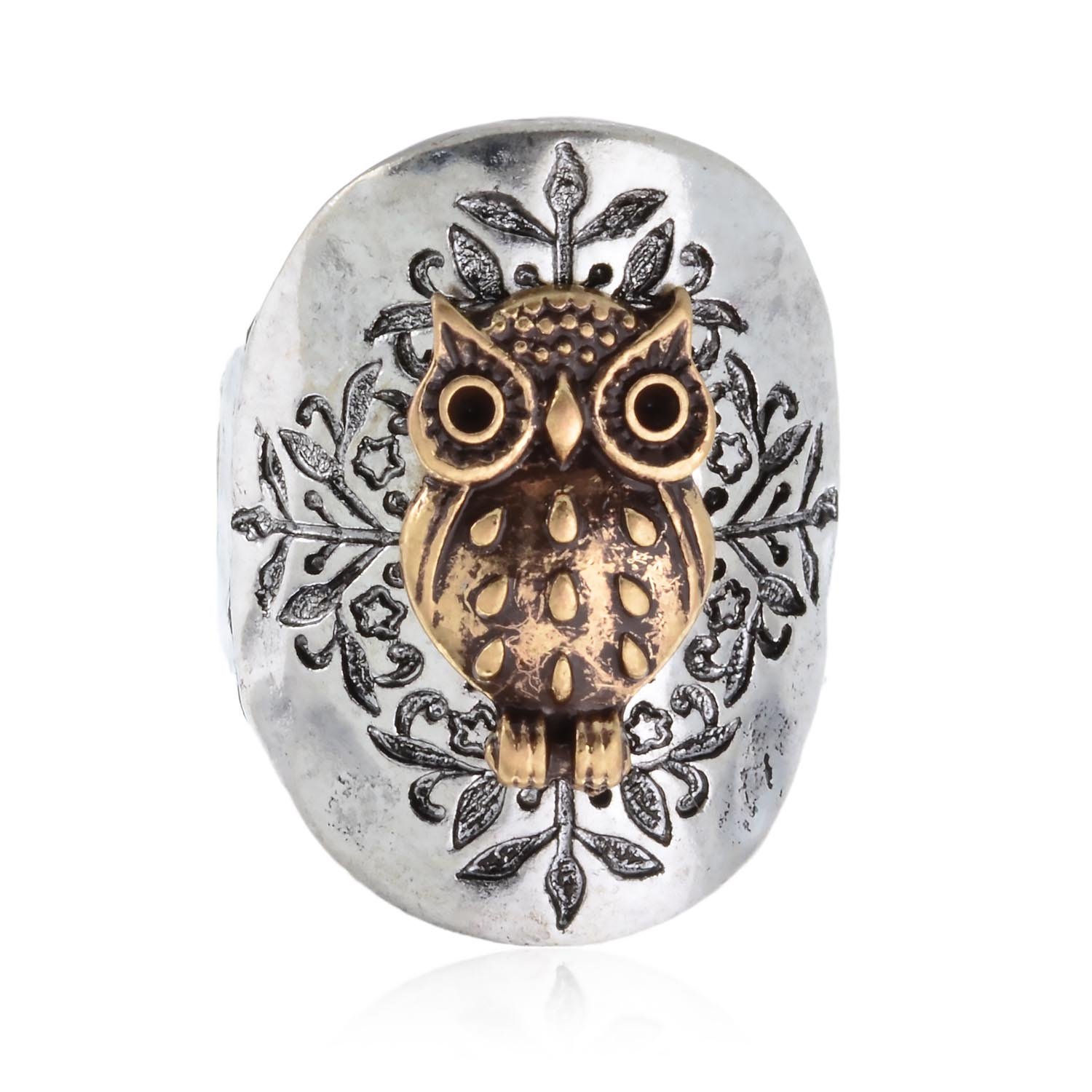 PammyJ Owl Two Toned Hammered Design Stretch Ring | Women's Fashion Ring Jewelry