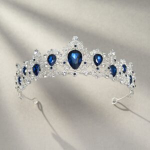 SWEETV Royal CZ Crystal Tiara for Women, Blue Wedding Crown for Brides, Princess Headpieces Bridal Hair Accessories for Birthday Party Pageant, Sapphire+Silver,Eleanor