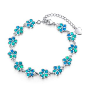 cinily sterling silver plated blue opal flower bracelet-plumeria hawaiian flower link tennis bracelet for women october birthstone bracelet