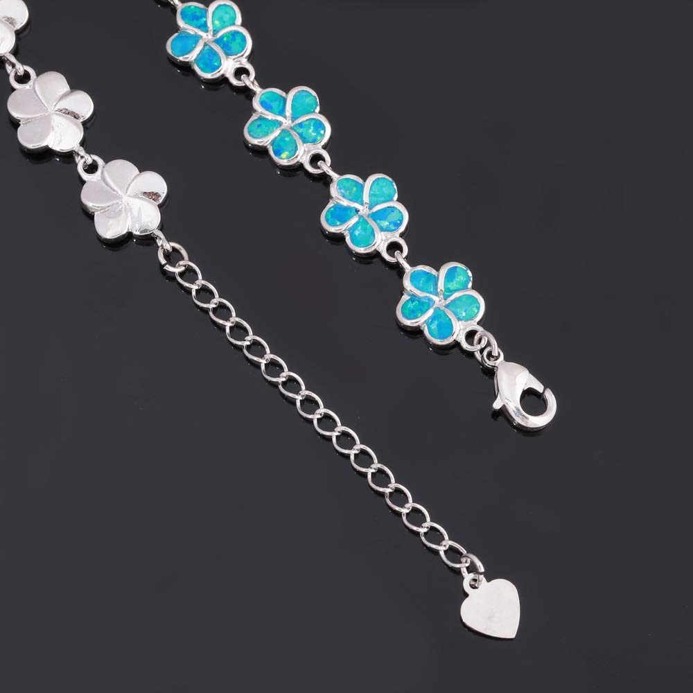 CiNily Sterling Silver Plated Blue Opal Flower Bracelet-Plumeria Hawaiian Flower Link Tennis Bracelet for Women October Birthstone Bracelet