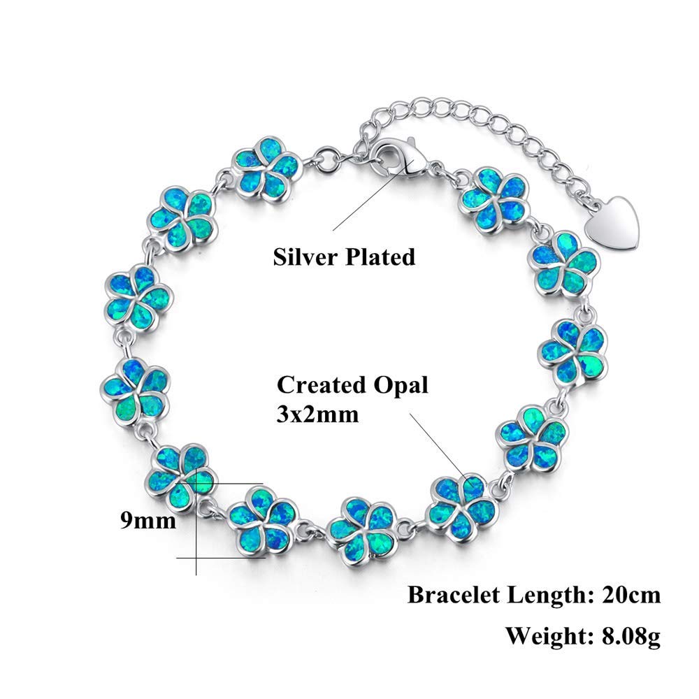 CiNily Sterling Silver Plated Blue Opal Flower Bracelet-Plumeria Hawaiian Flower Link Tennis Bracelet for Women October Birthstone Bracelet